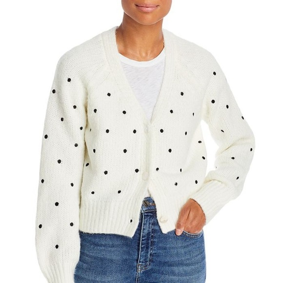 English Factory Sweaters - English Factory polka dot embroidered v-neck cardigan sweater S white black